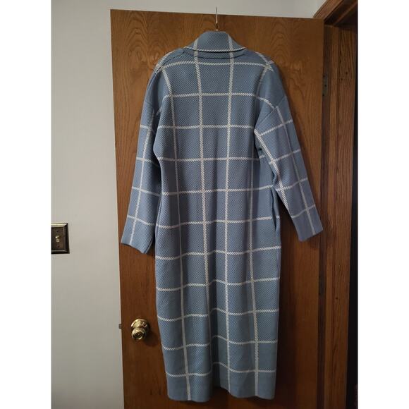 Zara Blue Button Plaid Checkered Knit Oversized Jacket Long Duster Coat EUC S - Picture 4 of 8